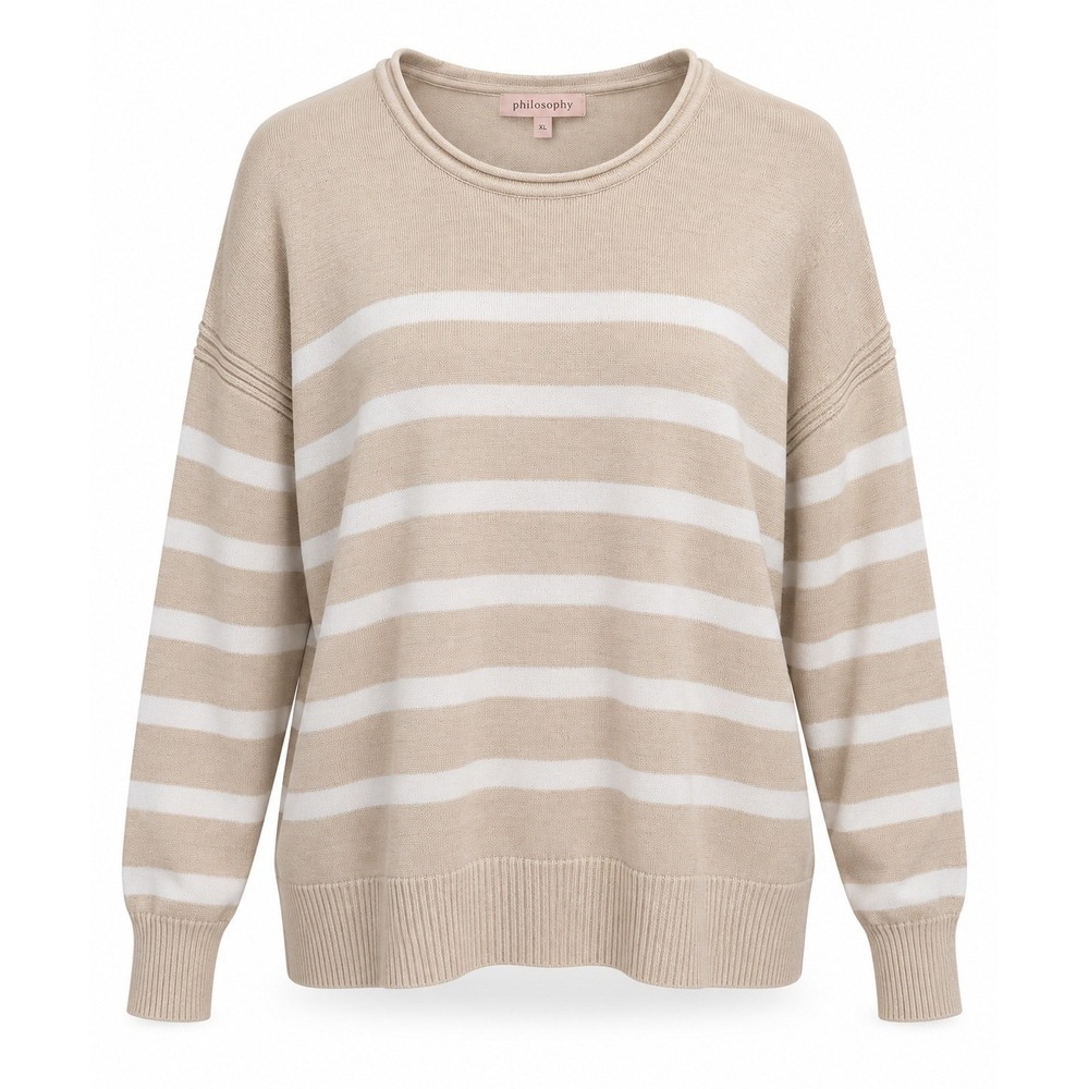 Philosophy Tan White Striped Crewneck Sweater XL Long Sleeve Drop Shoulder Knit